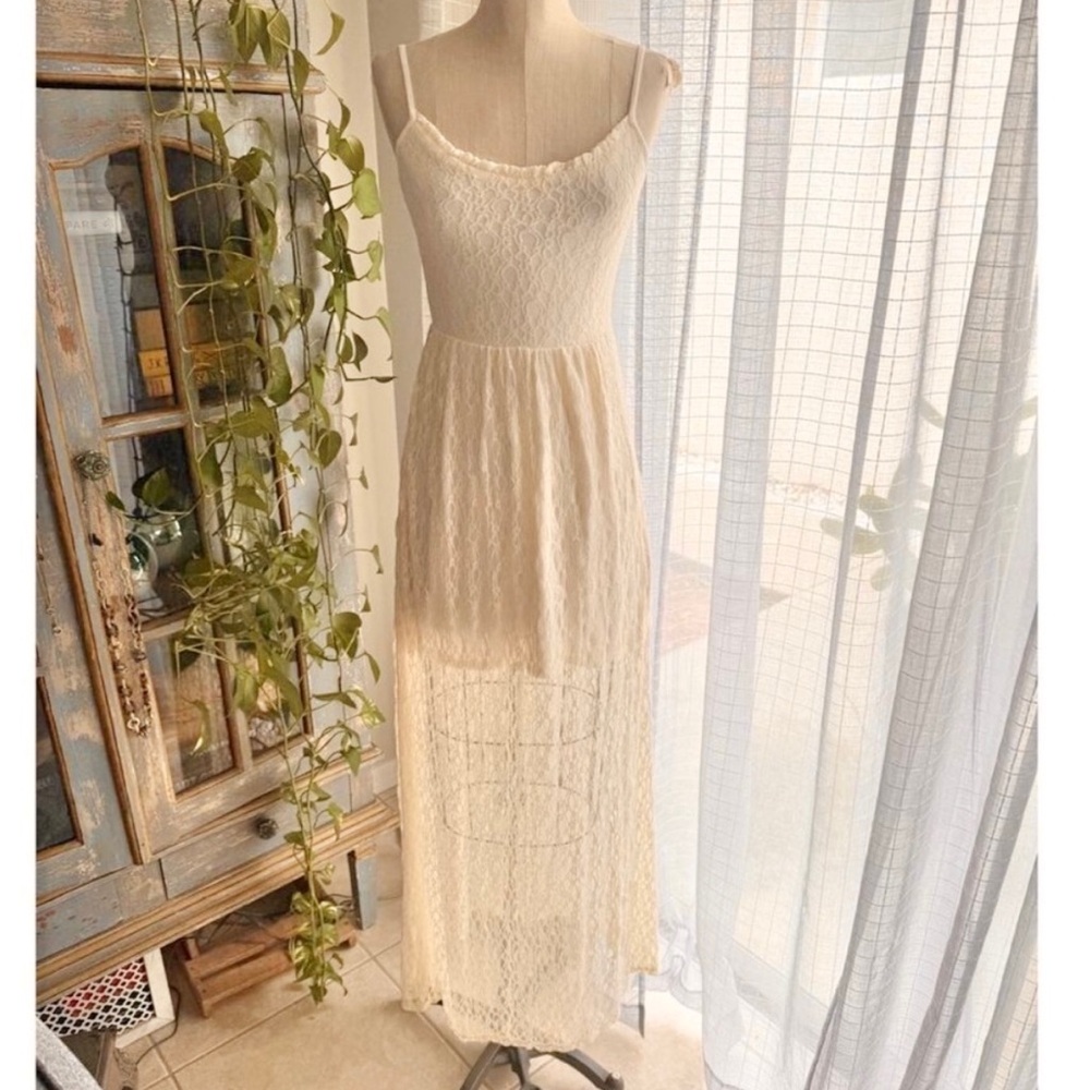 90s Abercrombie and Fitch Ivory Lace Maxi Dress Half Lined Stretchy Fairy Long S